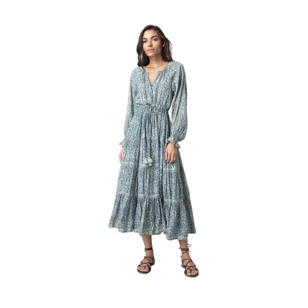 Omika Maisonette Rivera Maxi Long Sleeves Tabina Sea Glass Boho Dress Sz XS